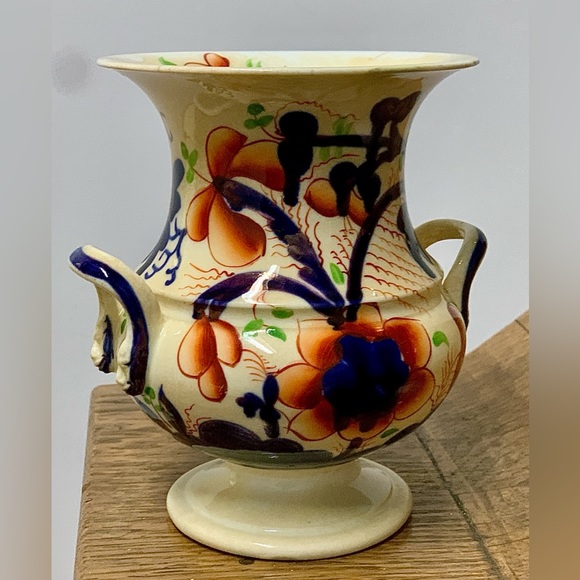 c. 1830 Vtg Gaudy Welsh Pansy Pattern Hand Painted Snake Head Handled Vase - Picture 4 of 16
